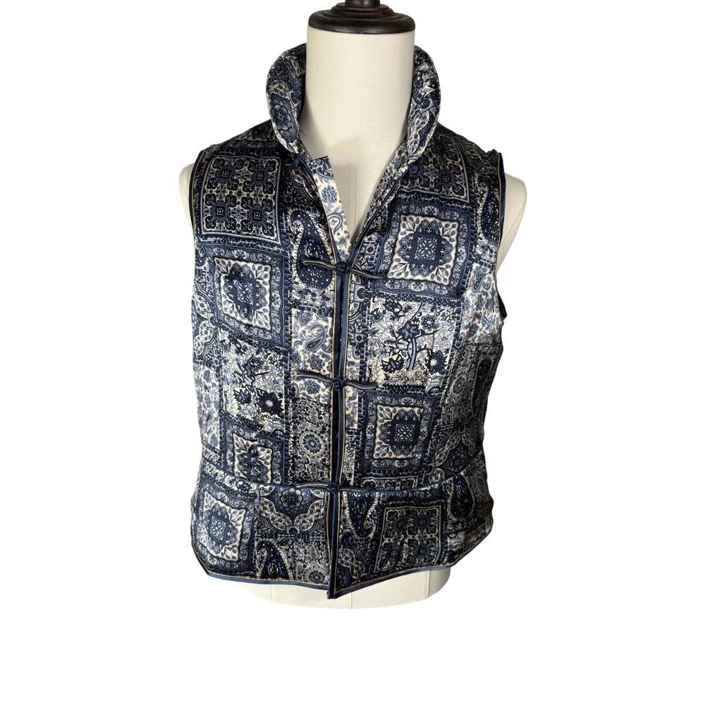 Vintage Asian Silk Vest Blue Paisley  Mandarin Collar‎ Women